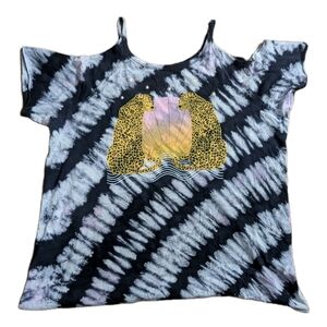 Torrid Top Cold Shoulder Tee Tie Dye Leopard Cat Sun T-shirt womens Sz 1 Cheetah